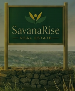 SavanaRise Real Estate signboard on a stone base overlooking the Pirang landscape