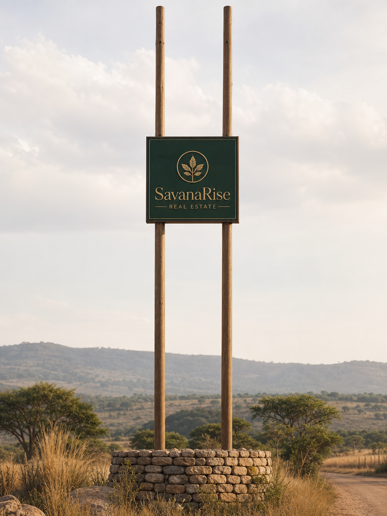 SavanaRise Real Estate wooden signboard displayed at the Pirang land site in The Gambia