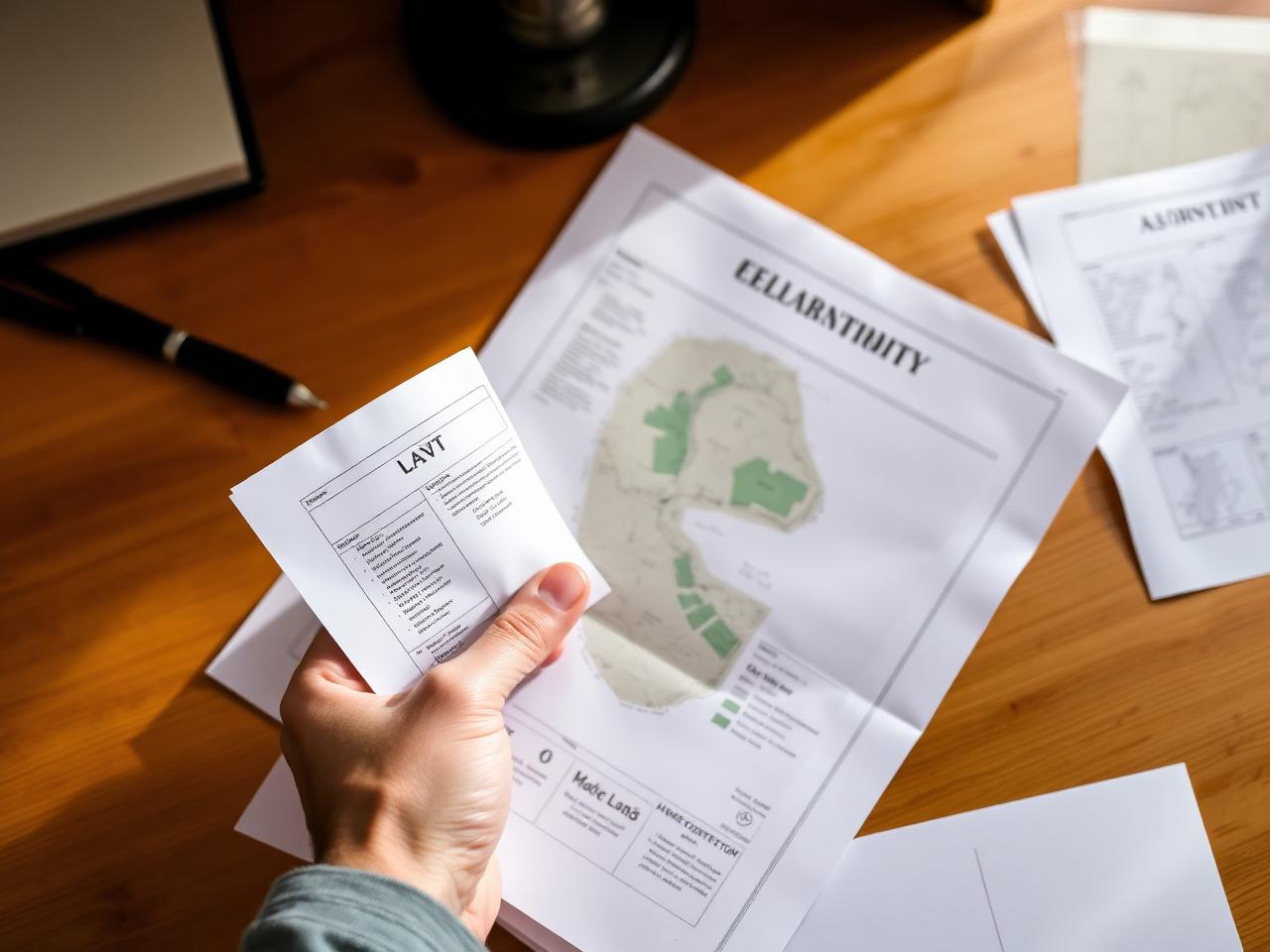 Hand reviewing land documents and a plot map