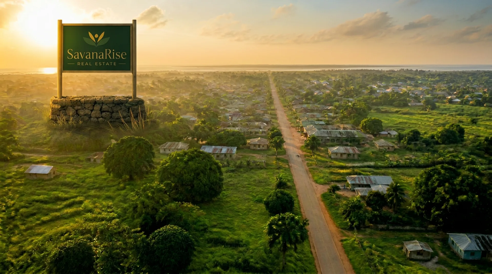 Aerial view of green farmland and palm trees near Pirang, The Gambia